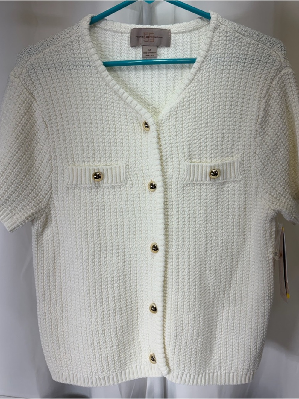 French Connection Cream Textured Short-Sleeve Cardigan with Gold Buttons 2816